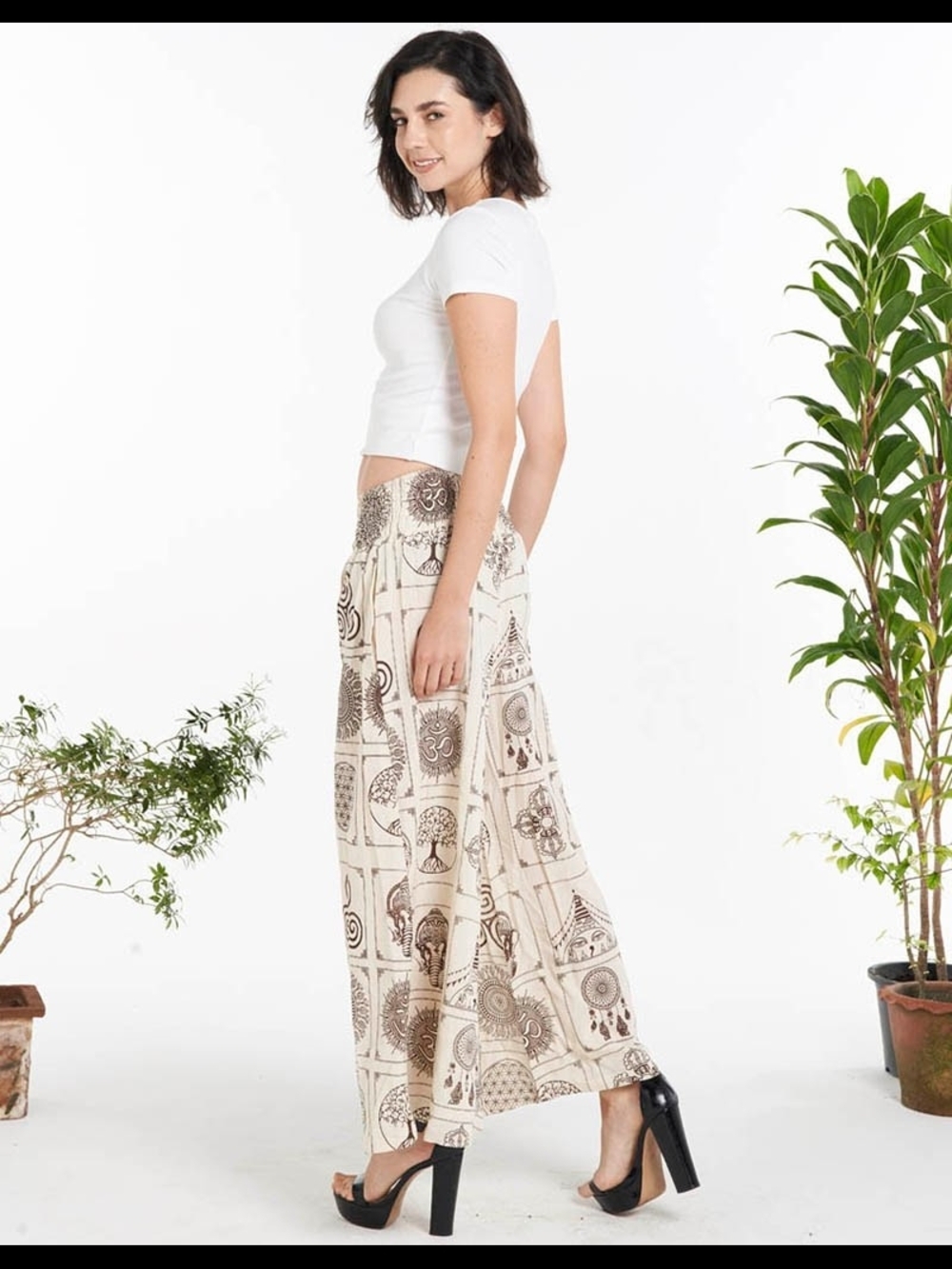 Kathmandu Imports Cream Palazzo Pants with Brown Boho Tile Print